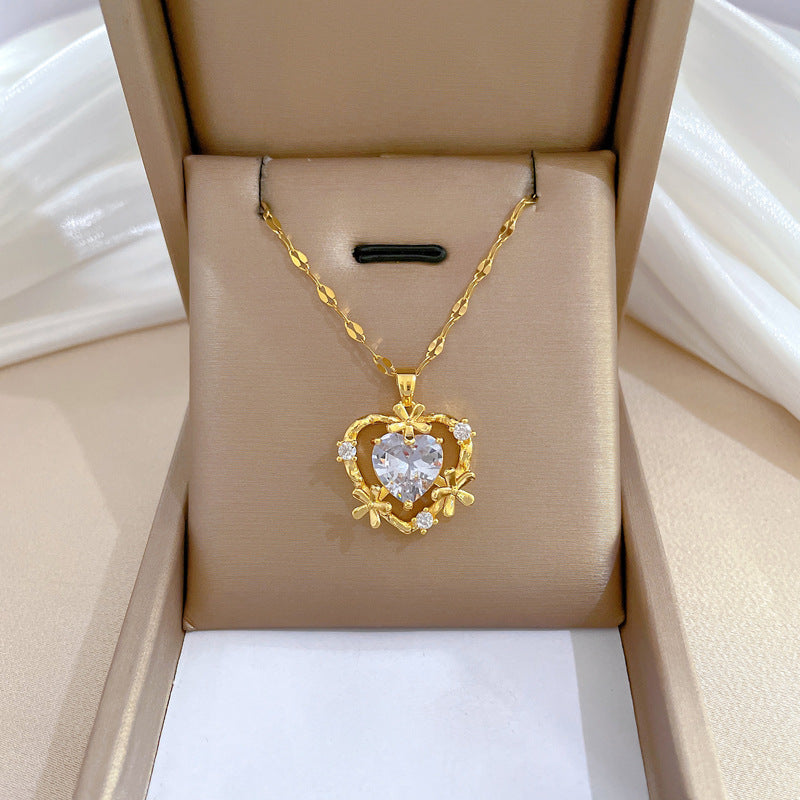 Luxury Heart Flower Geometric Titanium Steel Necklace and Earrings Set for Women
