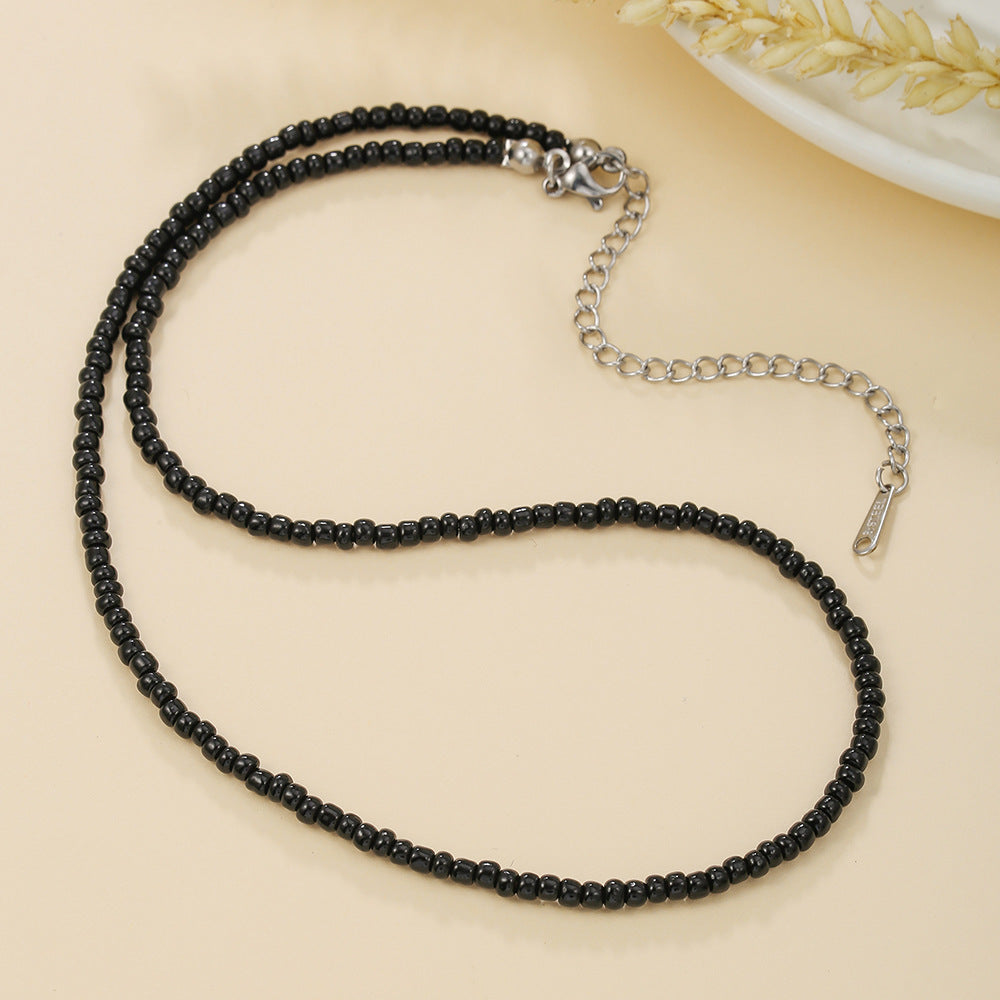 Casual Geometric Round Glass Beaded Ball Chain Necklace Handmade Double Layer