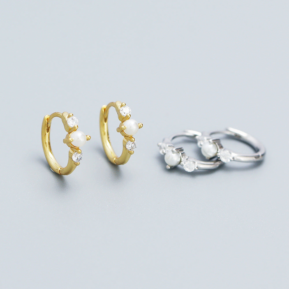 Orecchini a perno eleganti geometrici con perle in argento sterling 925 con accenti di strass per donna