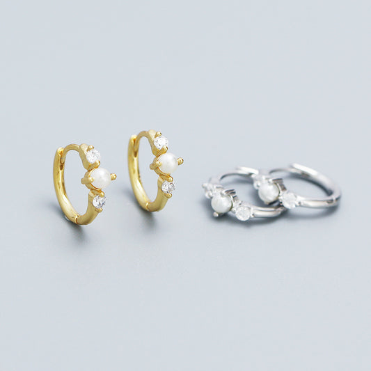 Elegantes pendientes de perlas geométricas en plata de ley 925 con detalles de diamantes de imitación para mujer