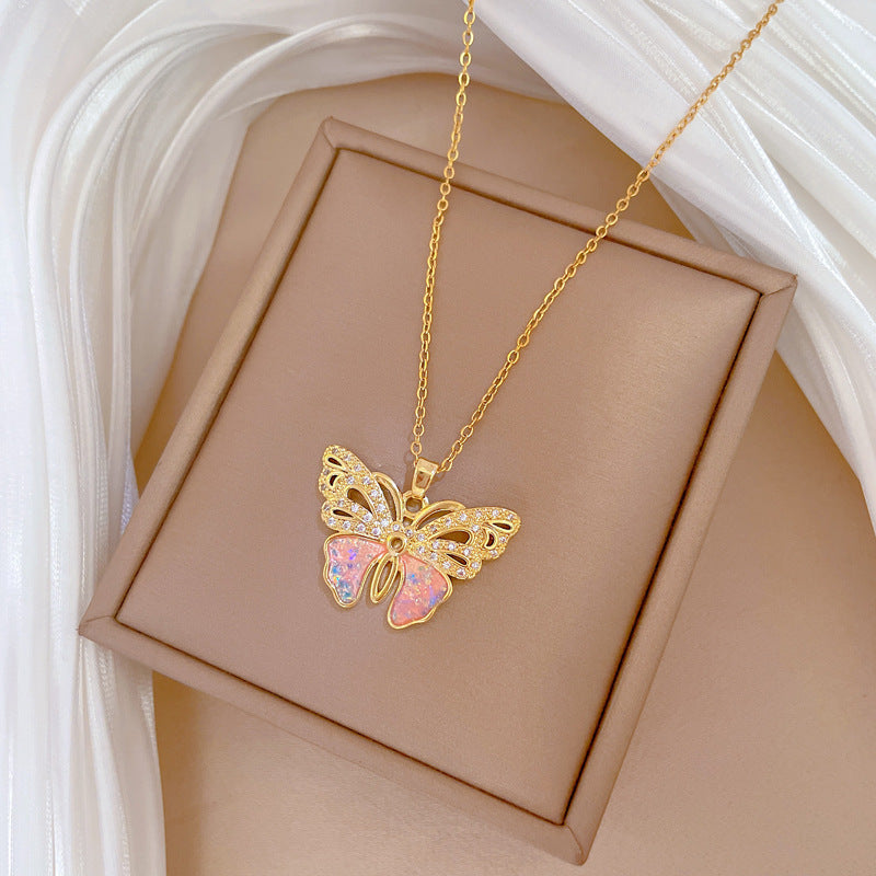 Sweet Butterfly Rhinestone Titanium Steel Necklace for Unisex