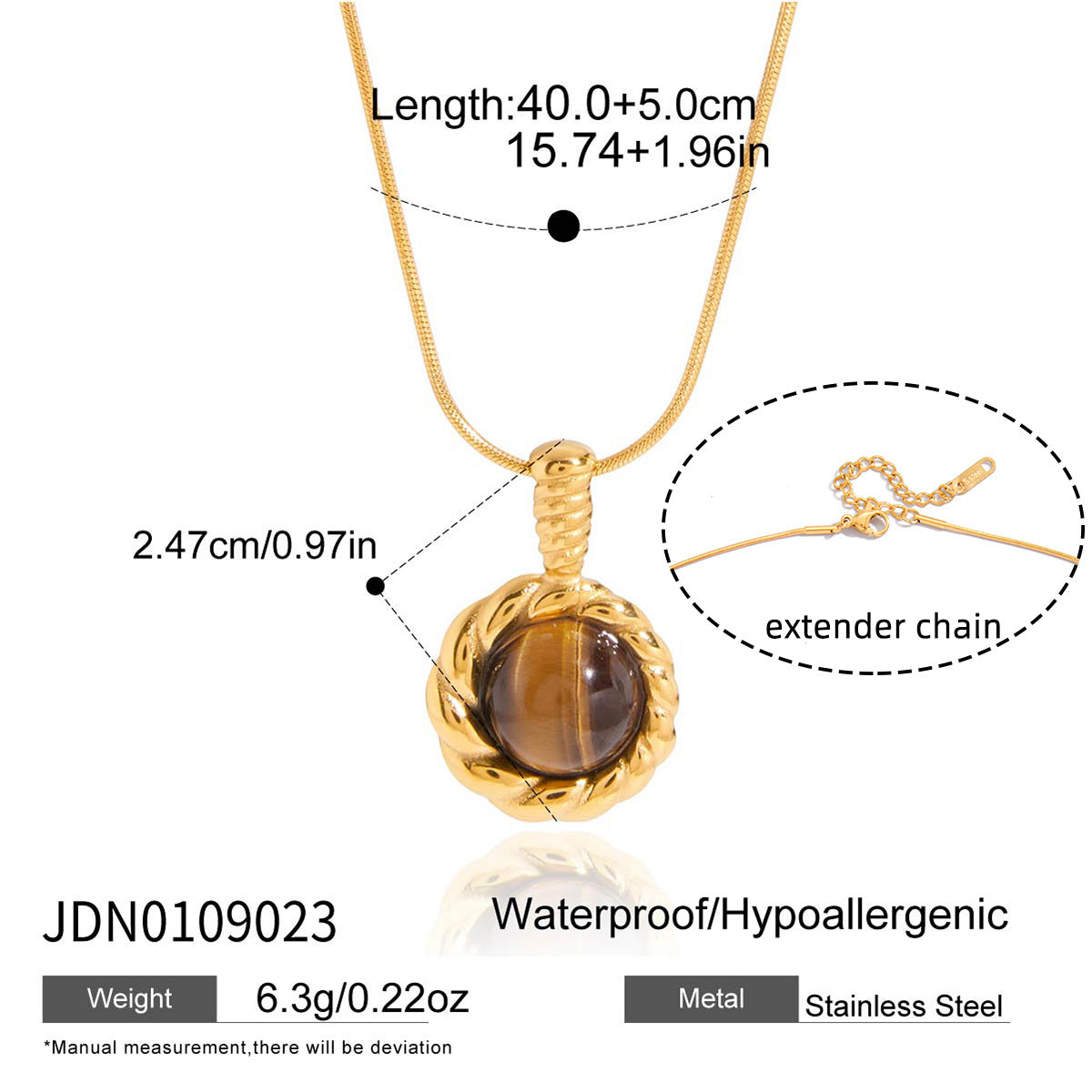Collana Pendente Occhio di Tigre Geometrico da Donna in Acciaio al Titanio con Finitura Placcata e Catena a Collana in Acciaio Inossidabile