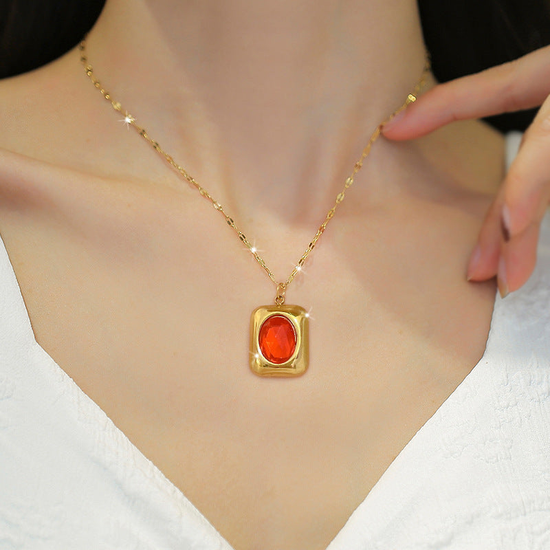 Minimalist Business Square Gemstone Plated Titanium Steel Necklace for Unisex