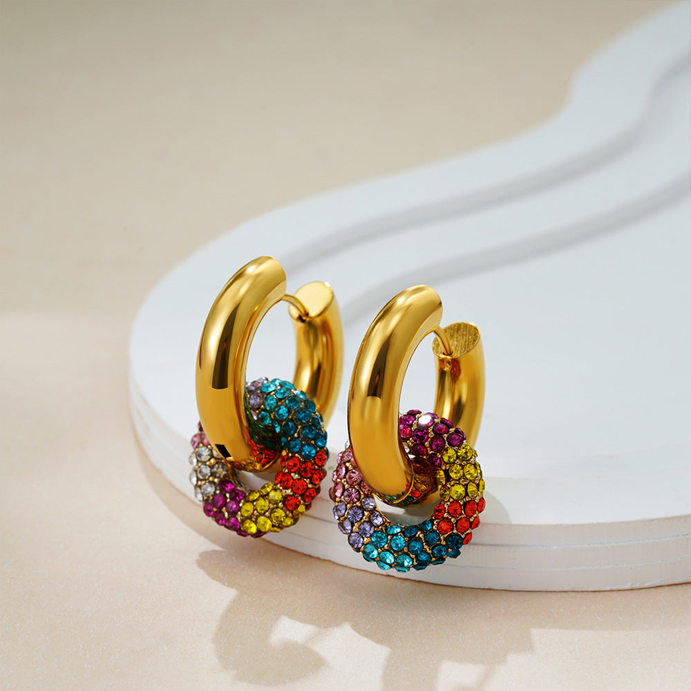 Orecchini a Cerchio Rotondi in Acciaio Inossidabile Placcato Oro 18K con Intarsio di Strass Unisex