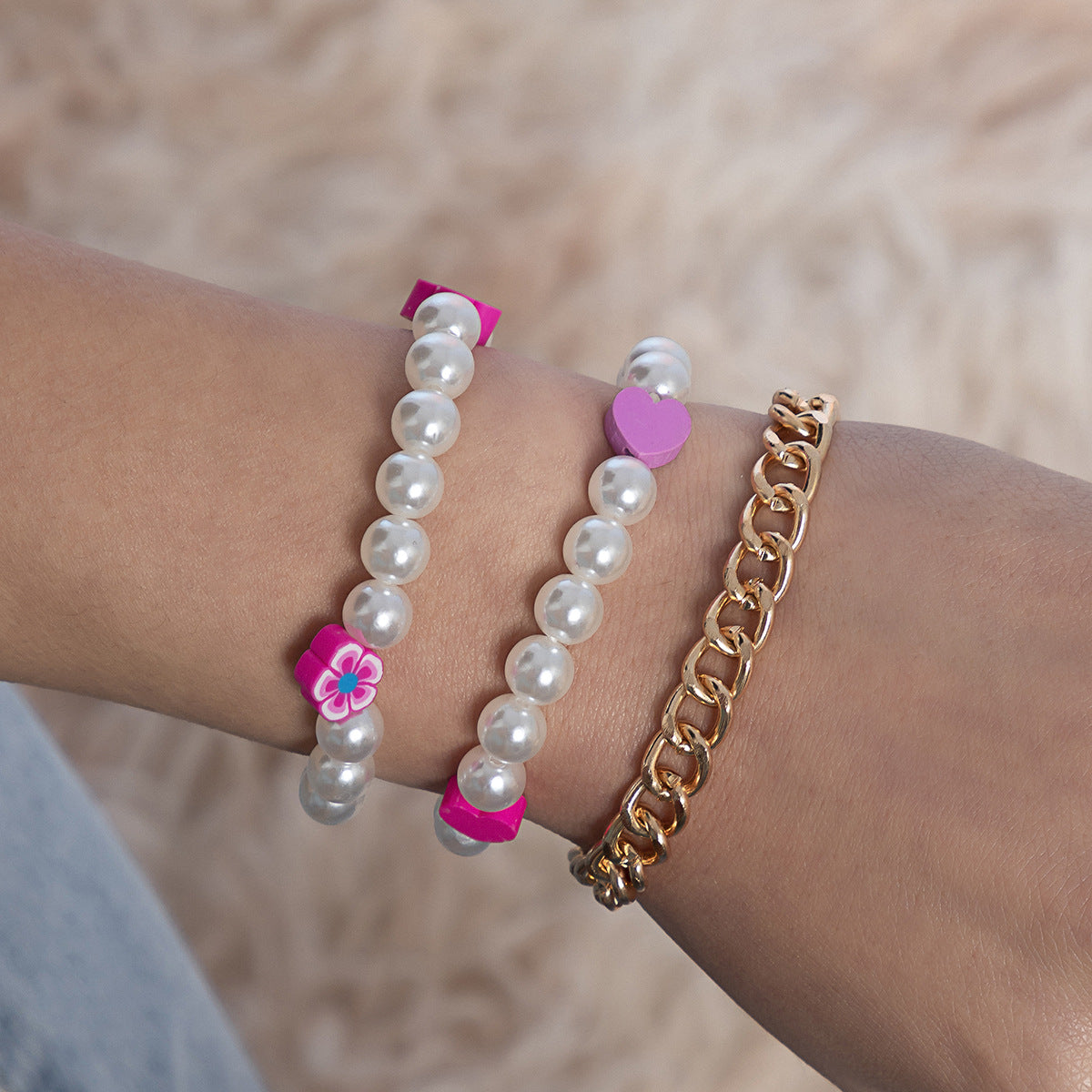 Minimalist Floral Imitation Pearl Woven Bracelet for Women