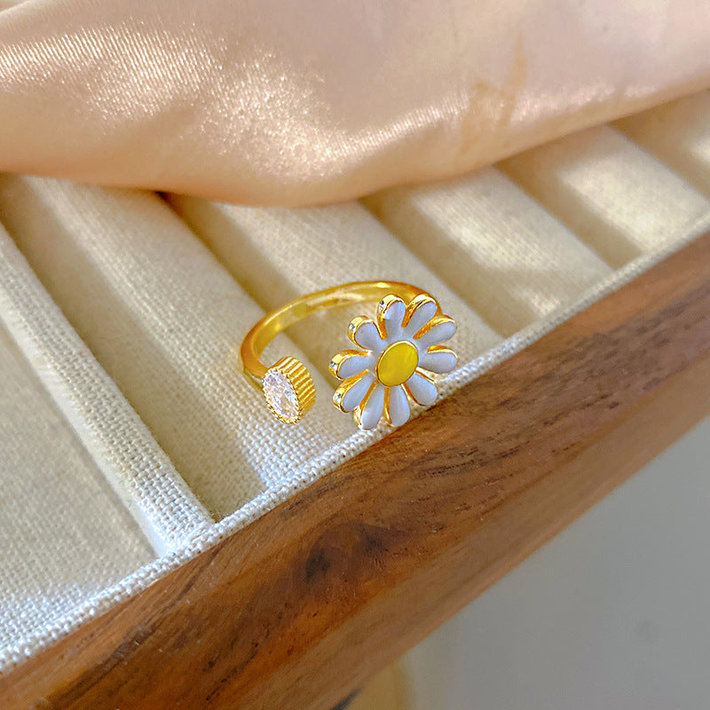 Sweet Minimalist Floral Cubic Zirconia Plated Titanium Steel Adjustable Ring for Women
