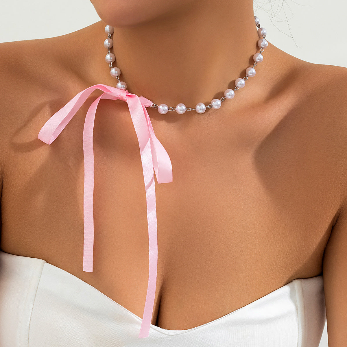 Vintage Sweet Geometric Pearl Plated Ball Chain Choker Necklace with Bowknot Charm Bar for Women