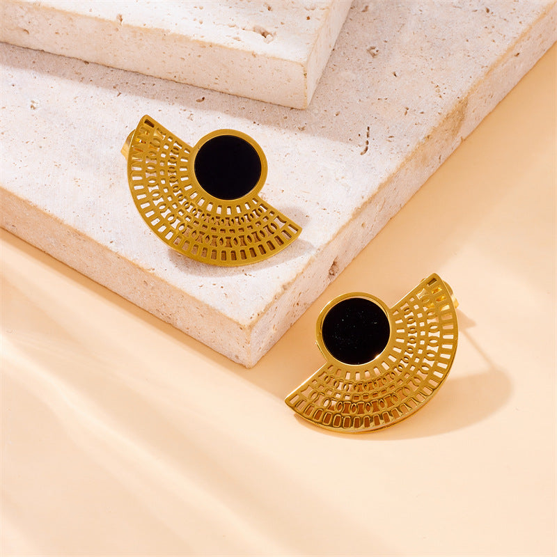 Juego de collar, pendientes y anillo de acero inoxidable chapado en oro negro con forma de abanico, estilo vintage
