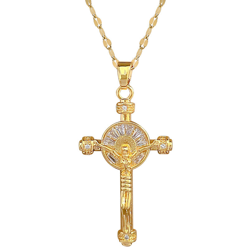 Collana Pendente a Croce di Lusso in Acciaio al Titanio con Intarsi di Strass per Donna e Uomo Catenina