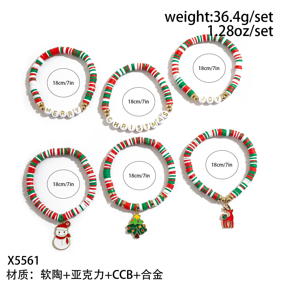 Conjunto de Pulseras de Arcilla Polimérica Hechas a Mano Estilo Dibujo Animado de Navidad con Cuentas de Letras de Muñeco de Nieve, Corazones, Estrellas y Formas Geométricas para Mujer