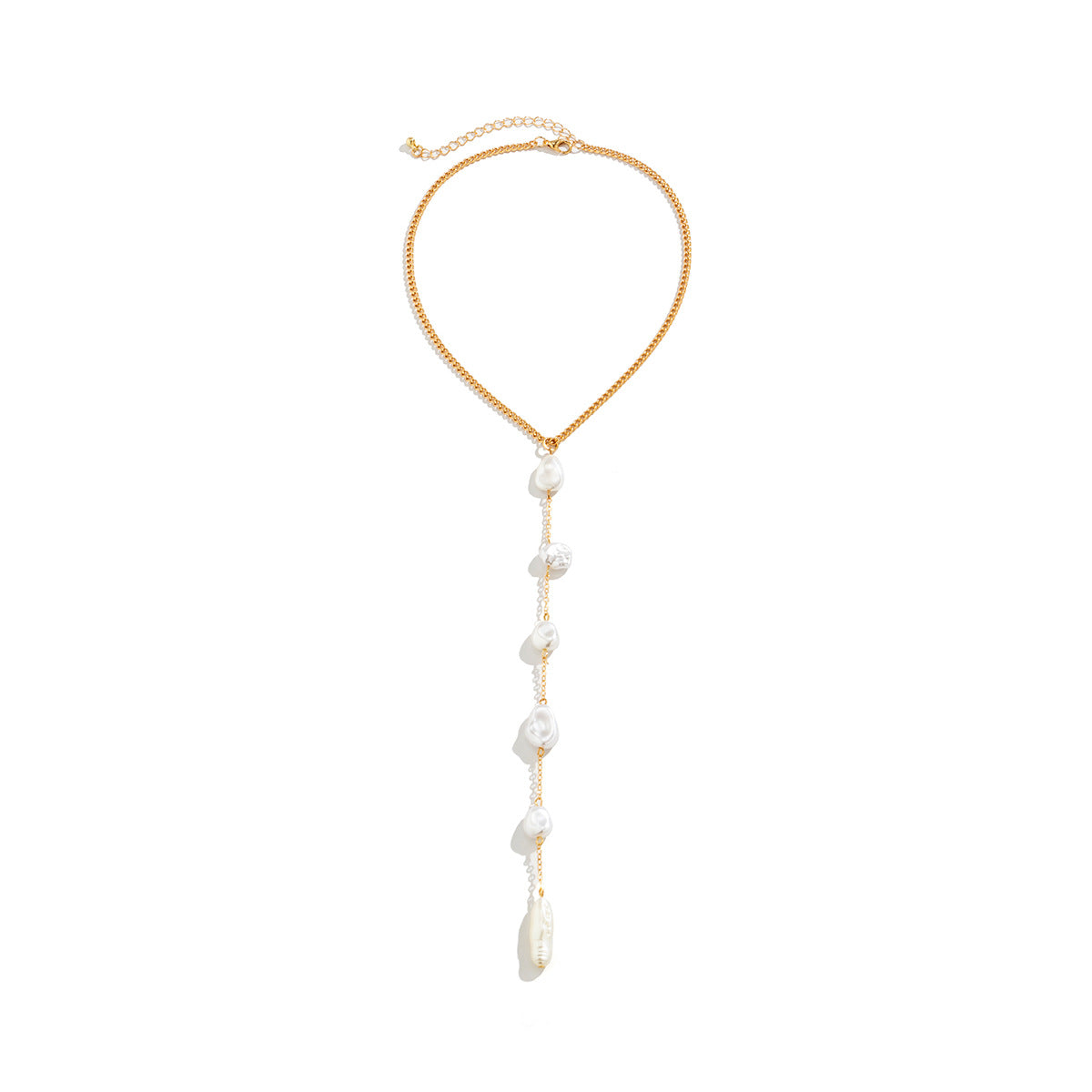 Collana pendente a Y in stile vintage francese da donna con nappe e perle finte, placcata in oro, su catena ad anelli