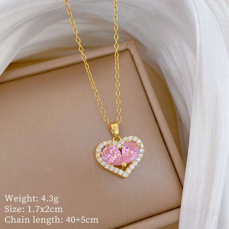 Sweet Minimalist Pink Hollow Heart Rhinestone Inlay Titanium Steel Necklace for Unisex