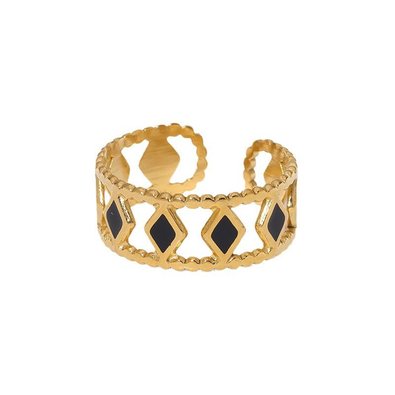 Minimalist Geometric Rhombus Stainless Steel Ring with 18K Gold Plating and Open Adjustable Band for Women