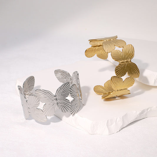 Vintage Wide Stainless Steel Butterfly Cuff Bracelet with Gold Plating for Women