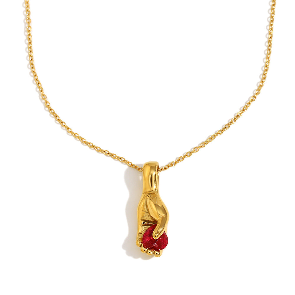 Minimalist Geometric Pendant Necklace in Stainless Steel with 18K Gold Plating and Hand-Held Gemstone Design for Women