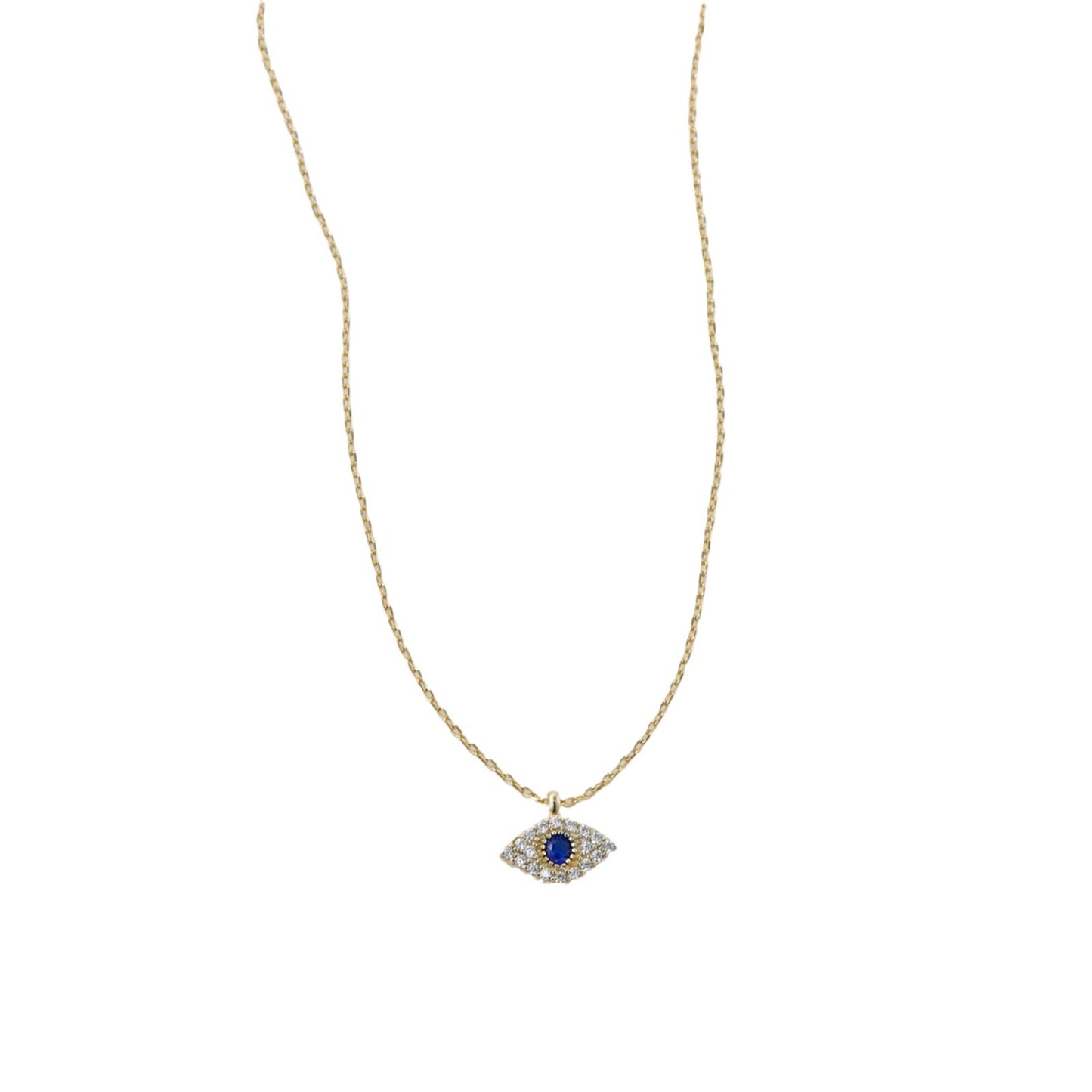 Gold Plated Brass Evil Eye Pendant with Cubic Zirconia on Adjustable Stainless Steel Cable Chain Necklace for Unisex