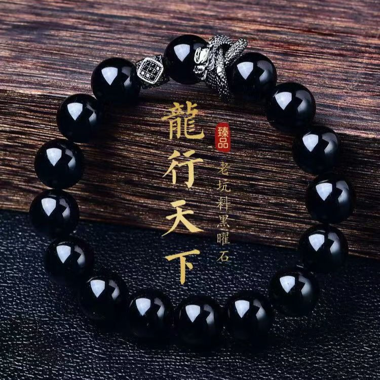 Bracciale Geometrico con Perline di Ossidiana Nera, Montatura in Rame e Accenti di Zirconi, Accessorio Moda Unisex per Donna e Uomo