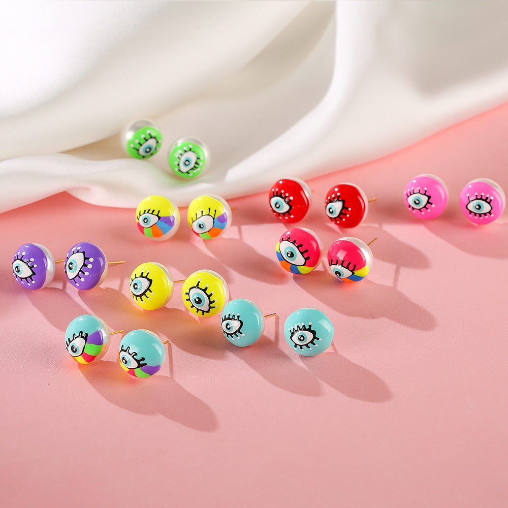 Hand-painted Evil Eye Stud Earrings for Women with Enamel Finish in Geometric Shape Made of Copper