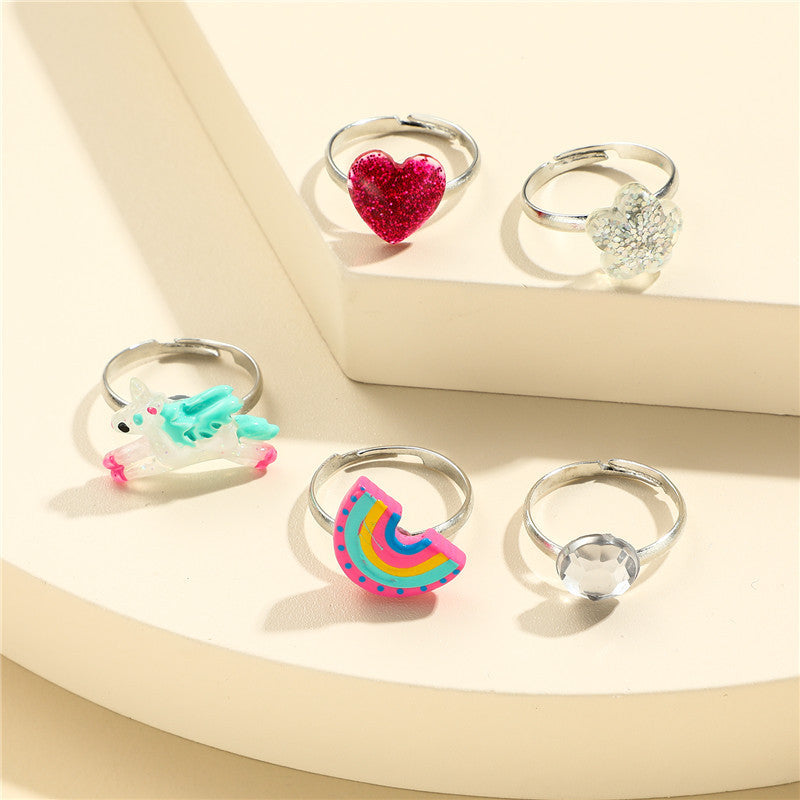 Anello in resina regolabile per bambini Unicorno Cartone Animato con forma a cuore e fantasia arcobaleno