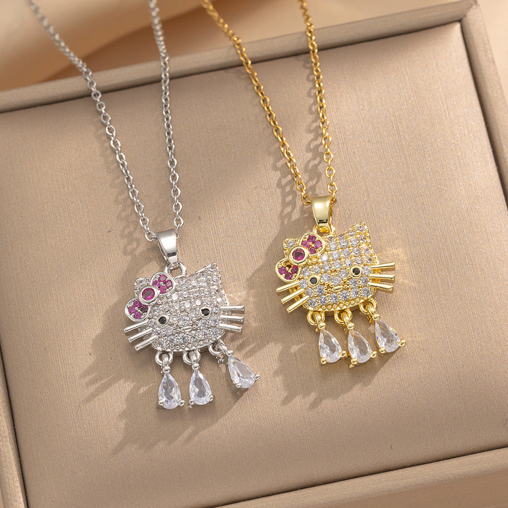 Luxury Cat Pendant Necklace in Titanium Steel with Micro-Paved Zirconia and 18K Gold Plating, Delicate Clavicle Chain for Women and Men