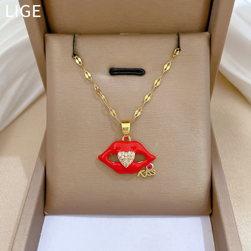 Luxury Sweet Geometric Titanium Steel Necklace with Cubic Zirconia and Brass Pendant for Unisex