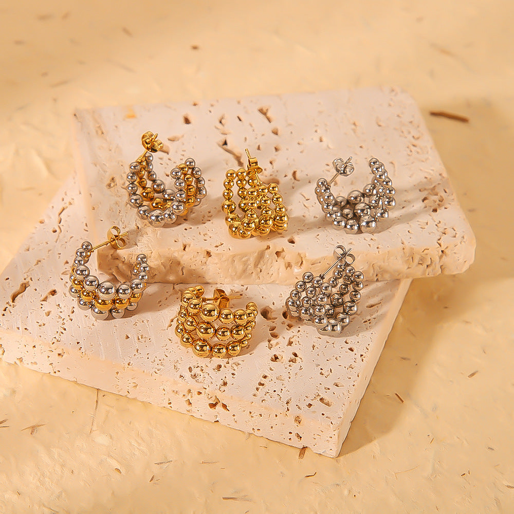 Minimalist Geometric Stainless Steel Earrings with 18K Gold Plating, Triple Beaded C-Shaped Hoops for Women