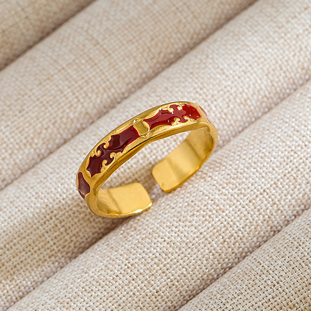 Anillo de Acero Titanio en Forma de U Geométrico Estilo Punk con Baño de Oro de 18K y Piedra Ovalada de Lava Micro-Pavé