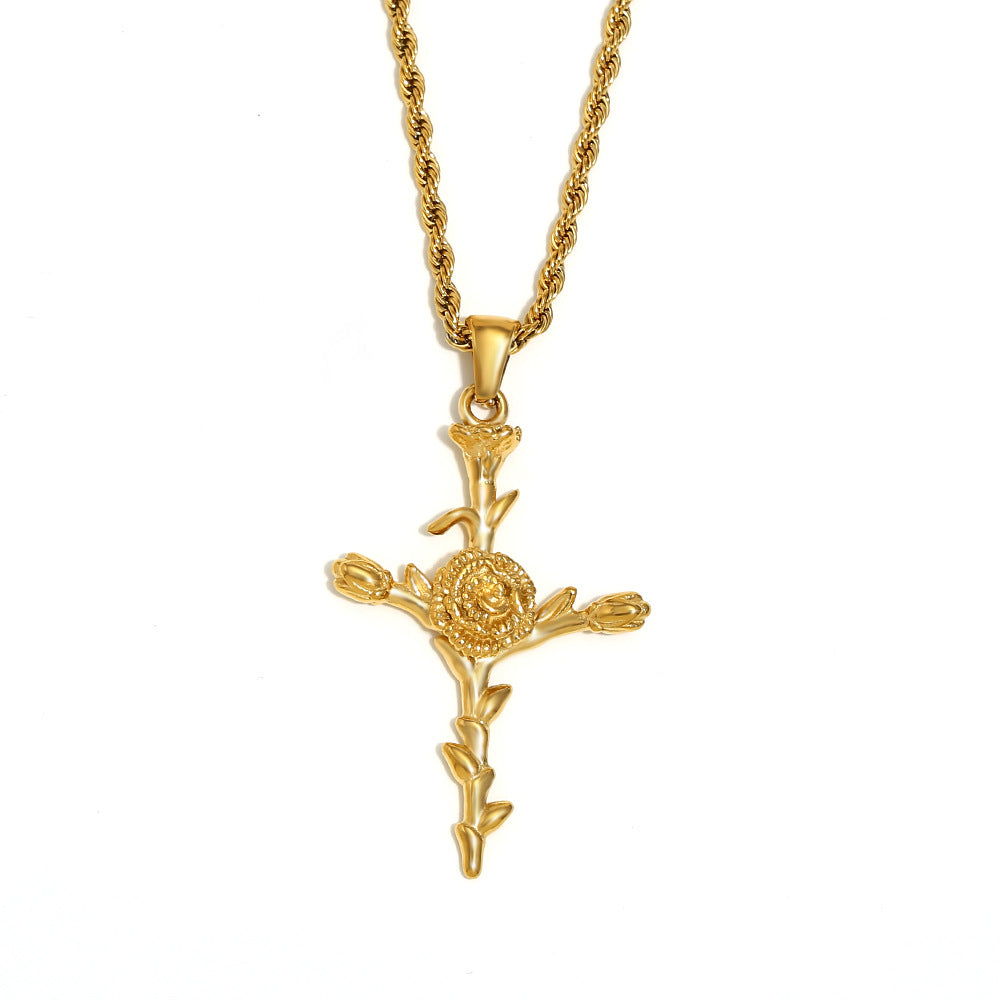 Vintage French-Style Floral Pendant Necklace in Stainless Steel with 18K Gold Plating for Women