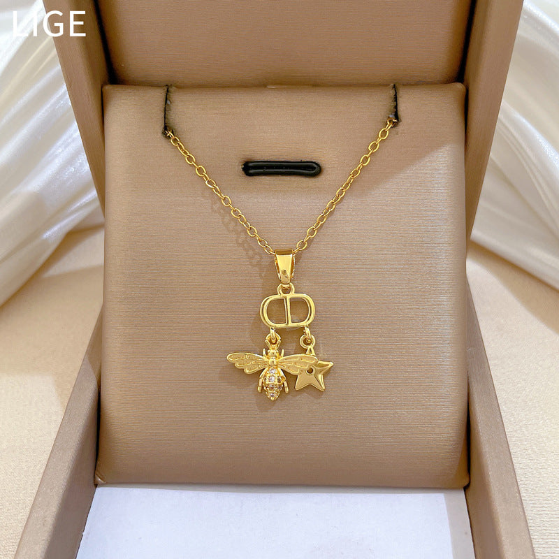 Sweet Minimalist Star Bee Rhinestone Pendant Titanium Steel Necklace for Unisex