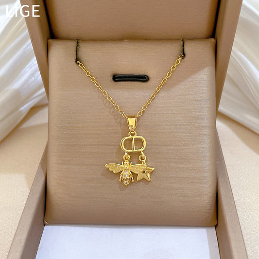 Sweet Minimalist Star Bee Rhinestone Pendant Titanium Steel Necklace for Unisex