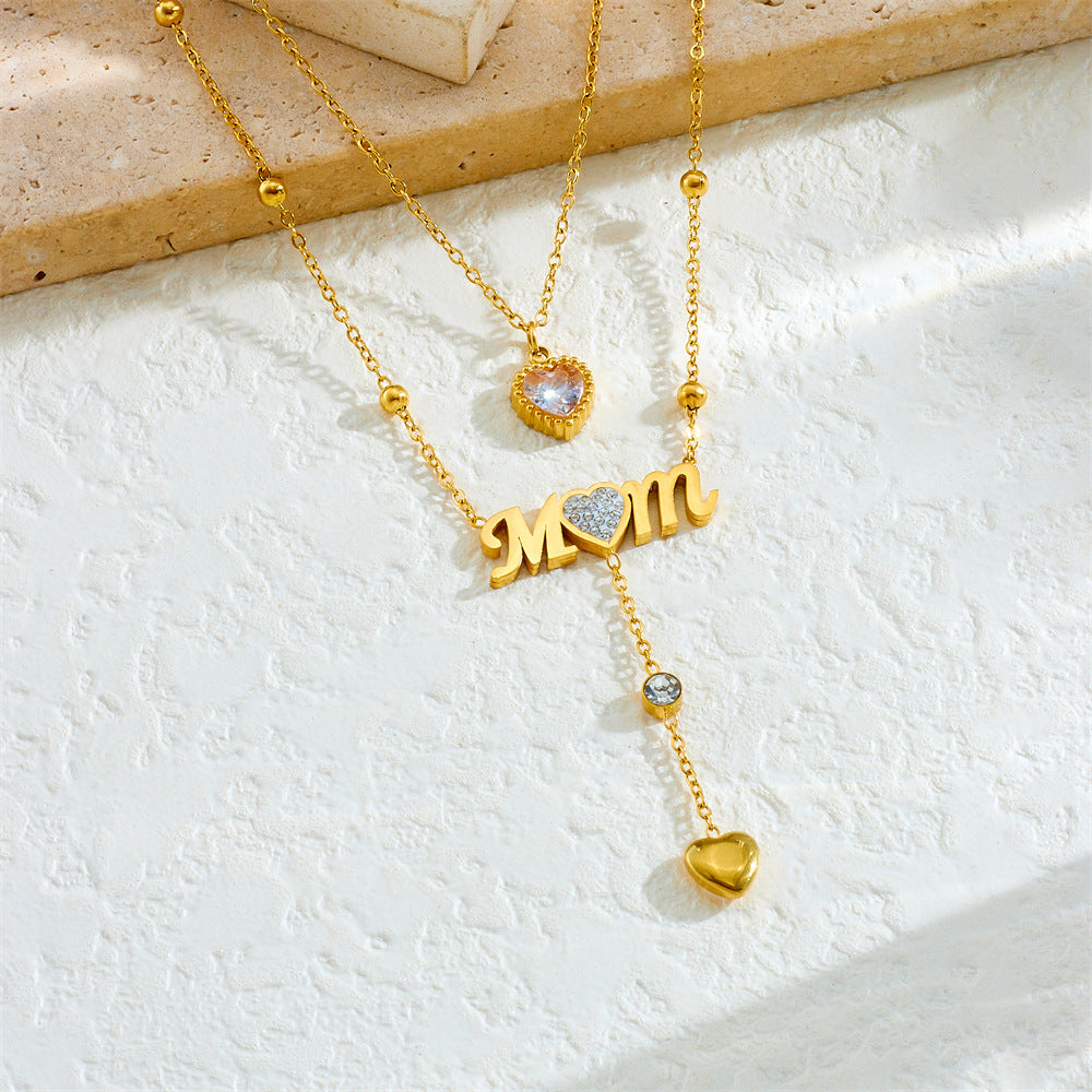 Minimalist Elegant Heart Letter Rhinestone Inlay Plated Stainless Steel Multi-Layer Necklace for Women