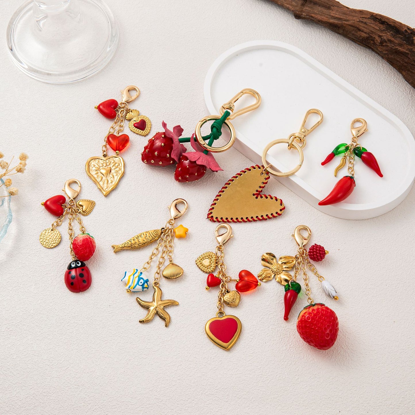 Colorful Heart Strawberry and Chili Pepper Alloy Keychain Bag Charm
