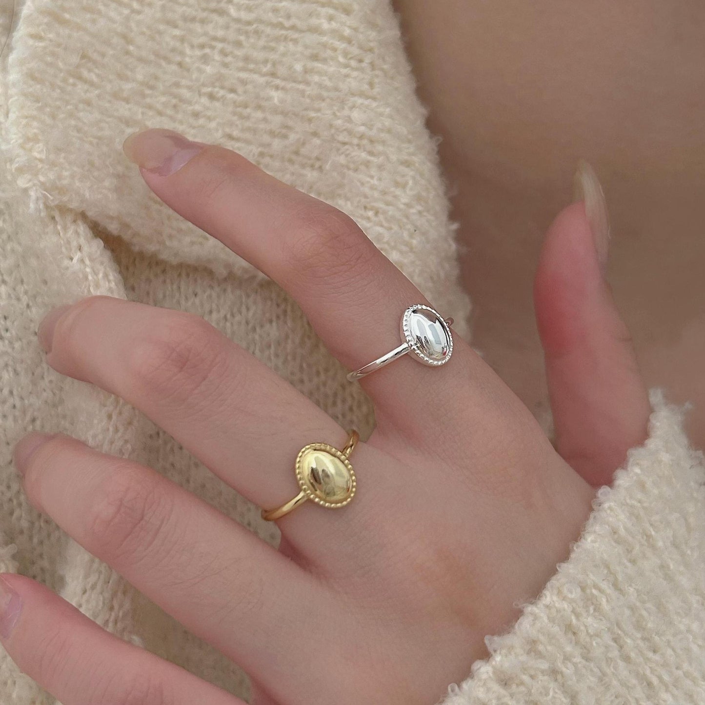Anello geometrico a cuore ovale placcato in argento sterling 925, minimalista e grazioso, da donna