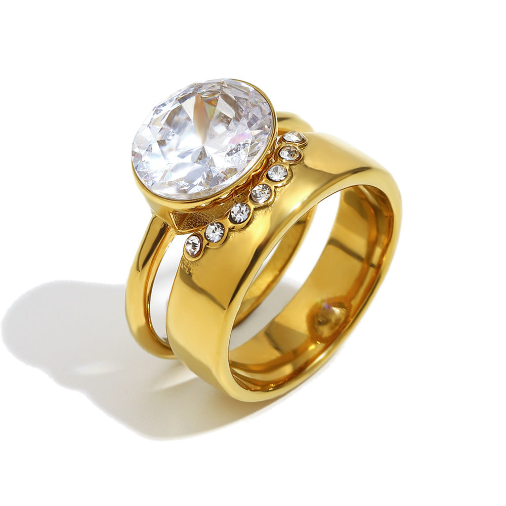 Minimalist Geometric Stainless Steel Plated 18K Gold Double Oval Zirconia Stackable Ring for Women