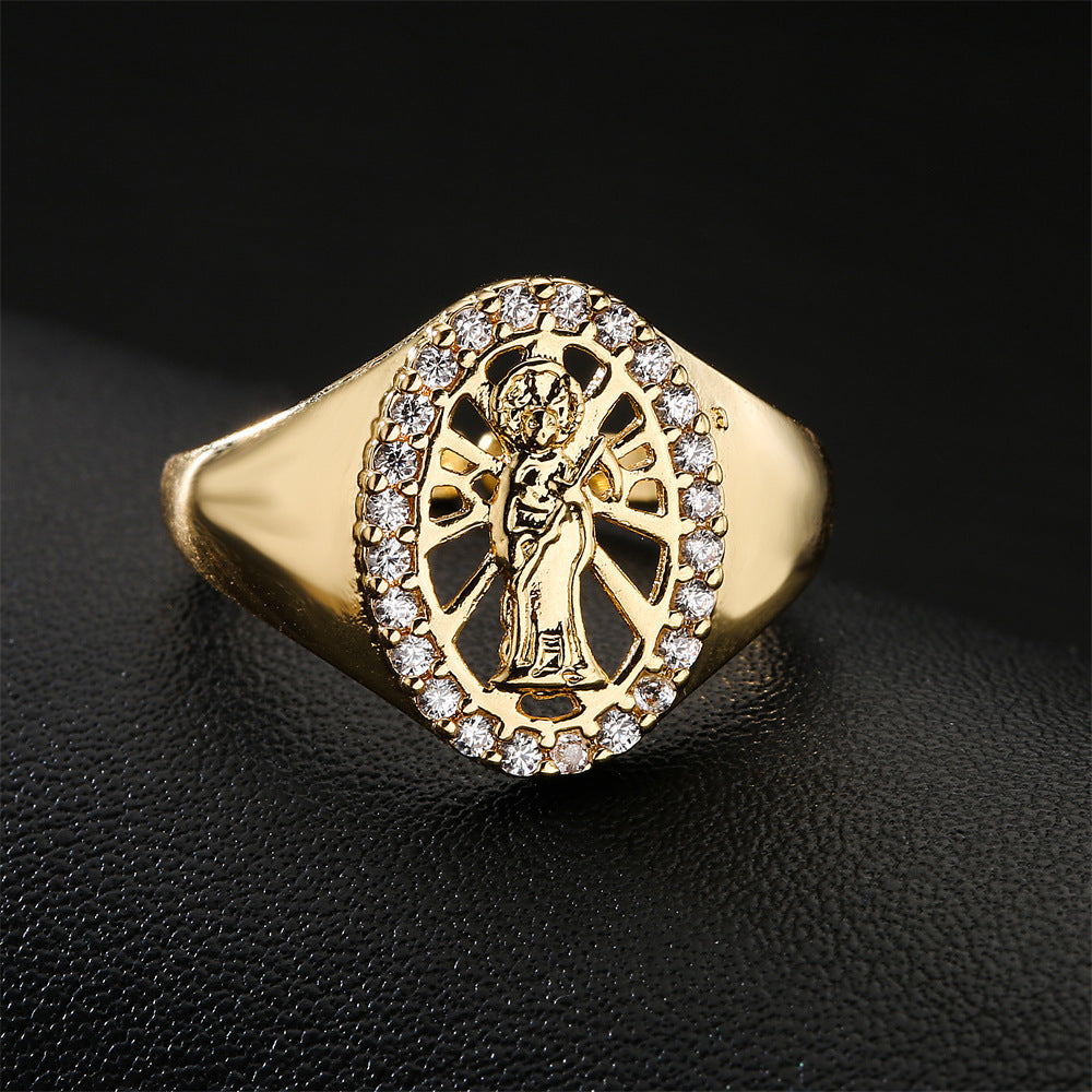 Geometric Style Copper Ring with Gold Plating and Zircon Inlay for Women Religious Jewelry