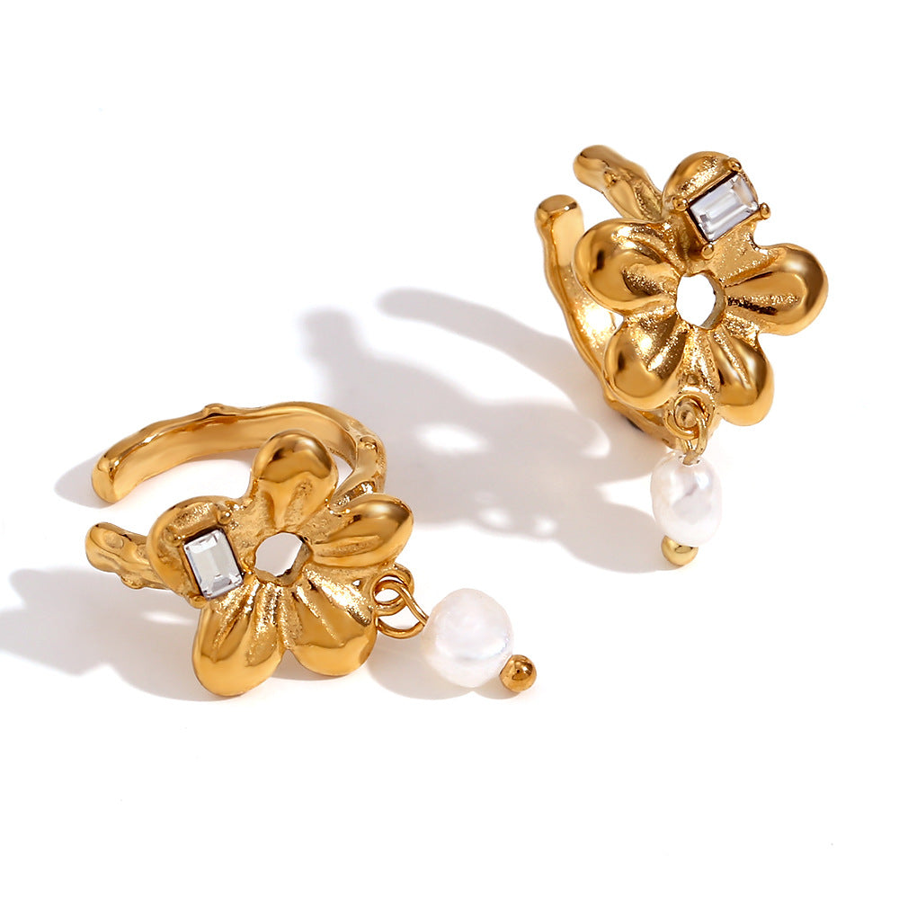 Minimalist Floral-Shaped Stainless Steel Ear Clips with 18K Gold Plating for Women