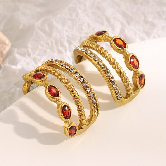 Luxury Style C-Shaped Stainless Steel Earrings with 18K Gold Plating Rhinestone Accents and Red Zircon Triple-Layer Design