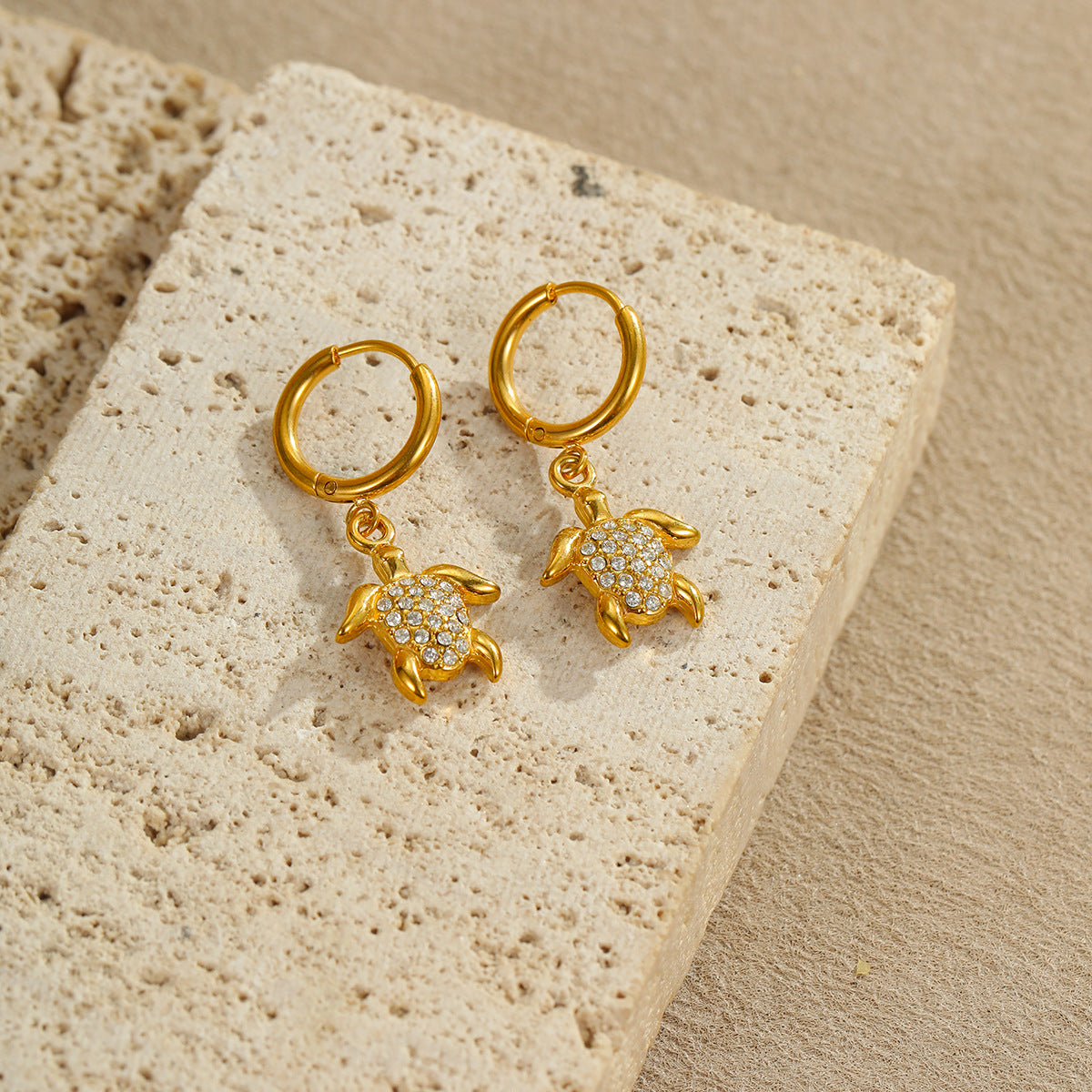 Pendientes de Acero Inoxidable con Forma de Estrella de Mar y Concha con Incrustaciones de Diamantes de Imitación para Mujer