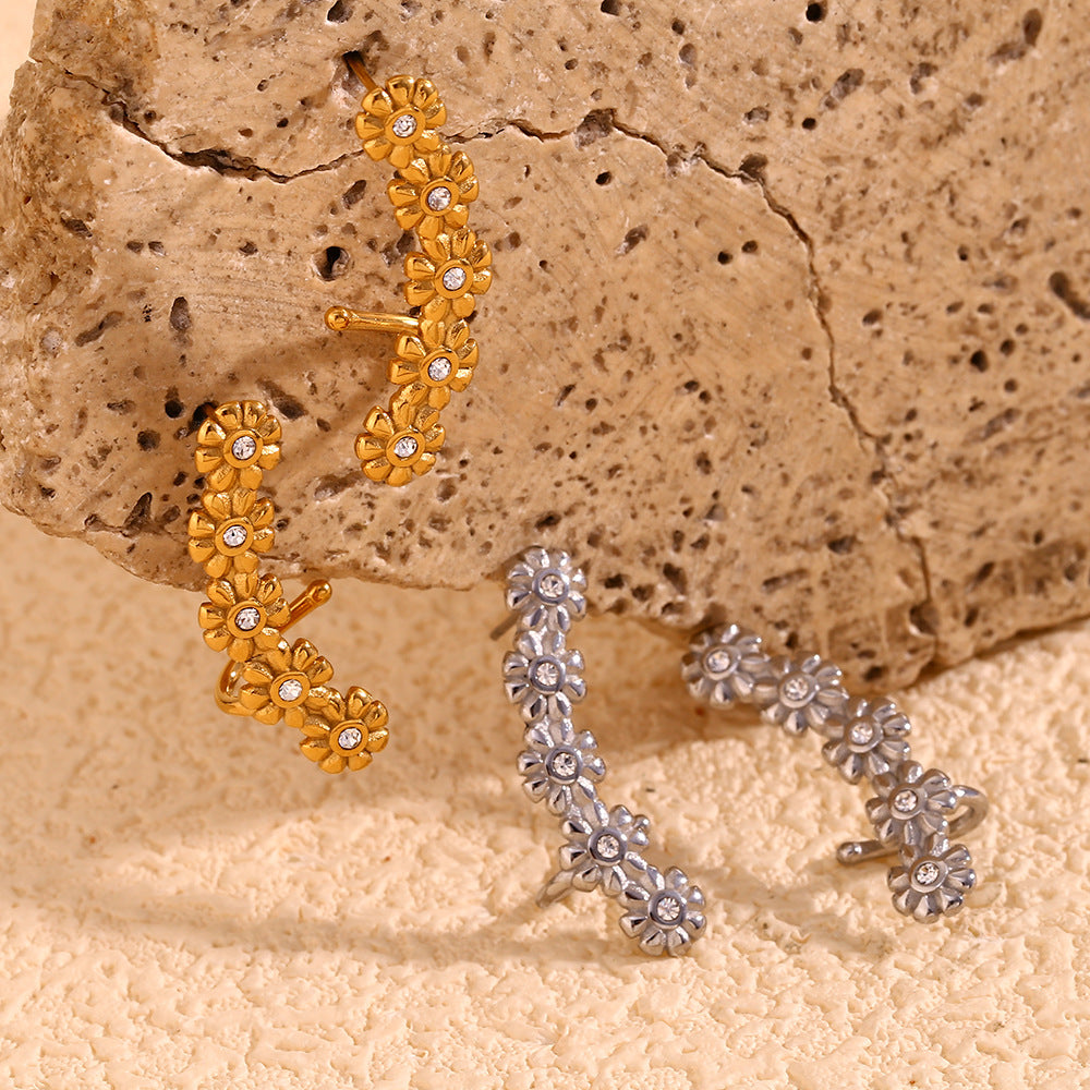 Vintage Floral Stainless Steel Ear Cuffs with 18K Gold Plating and Cubic Zirconia for Women