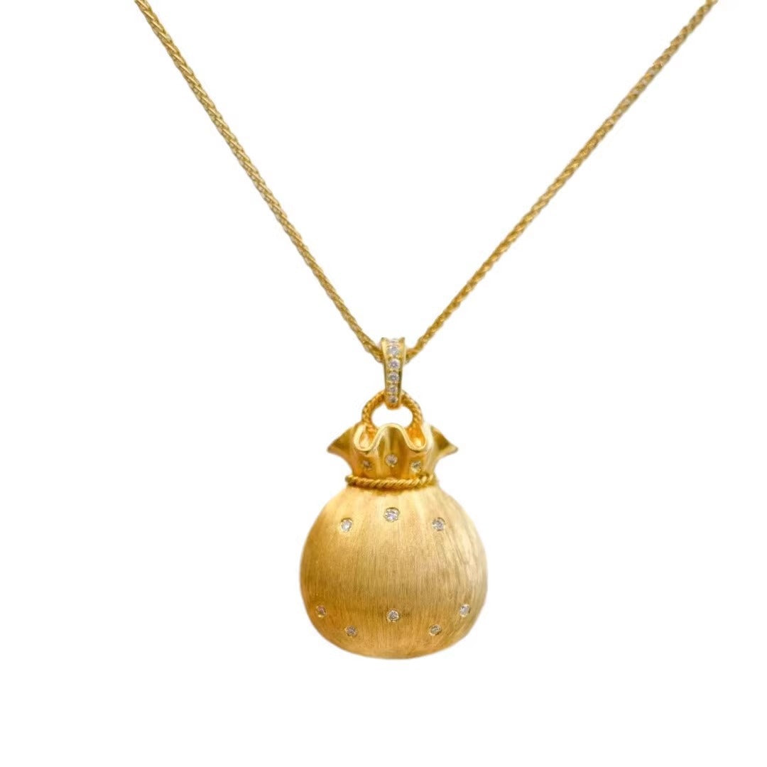 Vintage Gold Plated Brushed Brass Fortune Bag Necklace Unisex