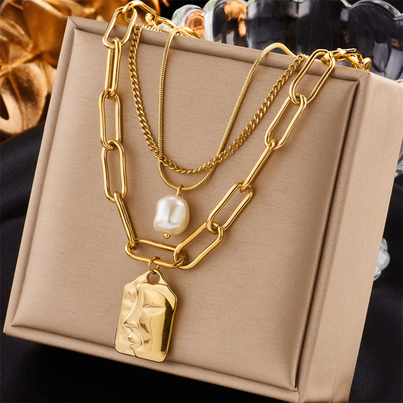 Vintage Luxury Gold Plated Heart Butterfly Round Stainless Steel Necklace with Pearl Multi-Layer
