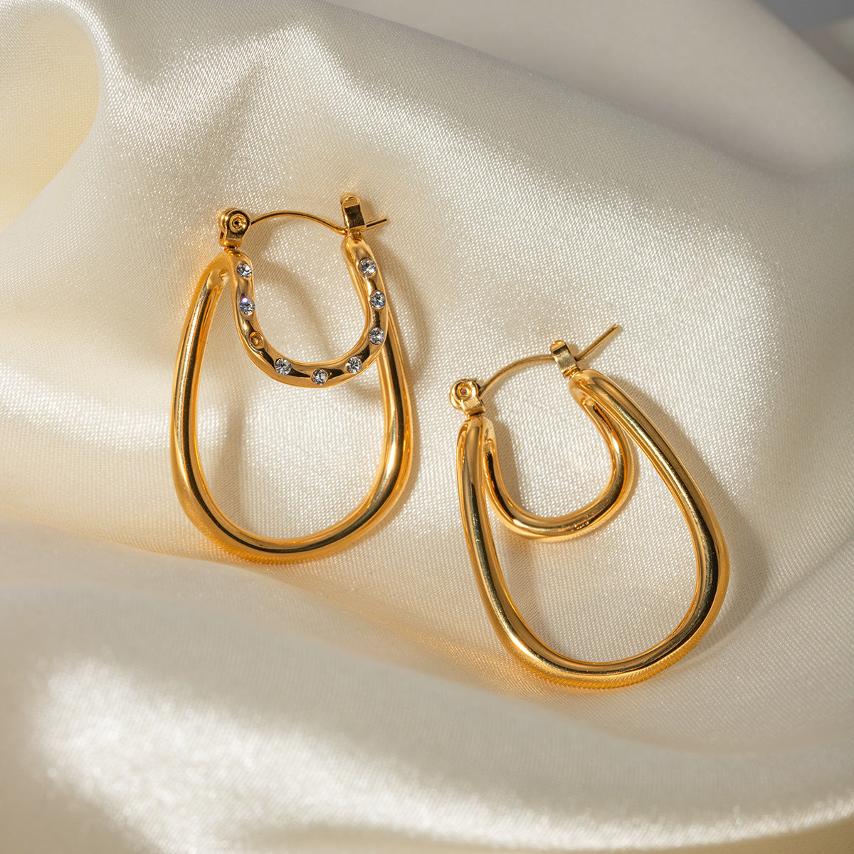 Luxury Ins Style 18K Gold Plated Stainless Steel White Rhinestone Double Layer Curved Geometric Earrings for Women