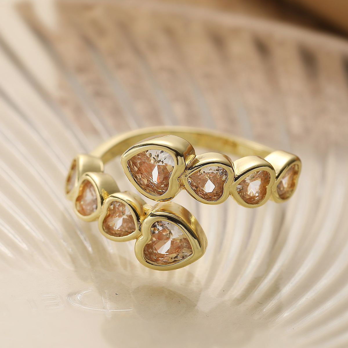 Minimalist Geometric Open Ring for Women in Brass with Real Gold Plating and Zircon Inlay