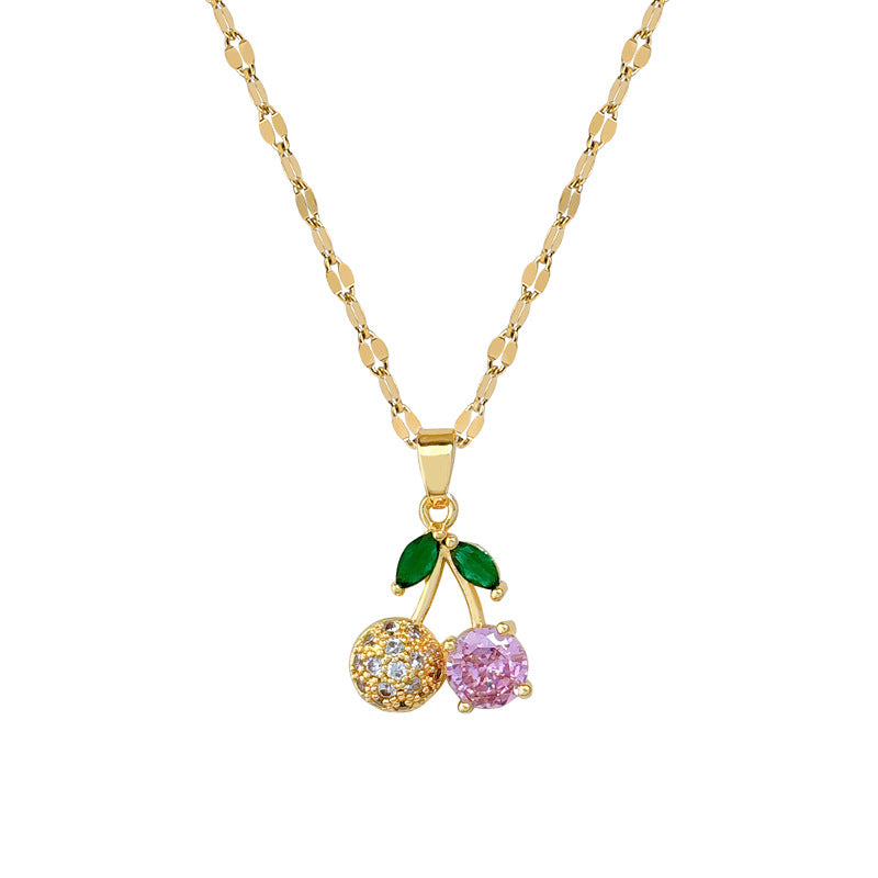 Cartoon Style Cherry Pink Rhinestone Micro-Pave Gold-Plated Titanium Steel Necklace Set with Matching Earrings for Women