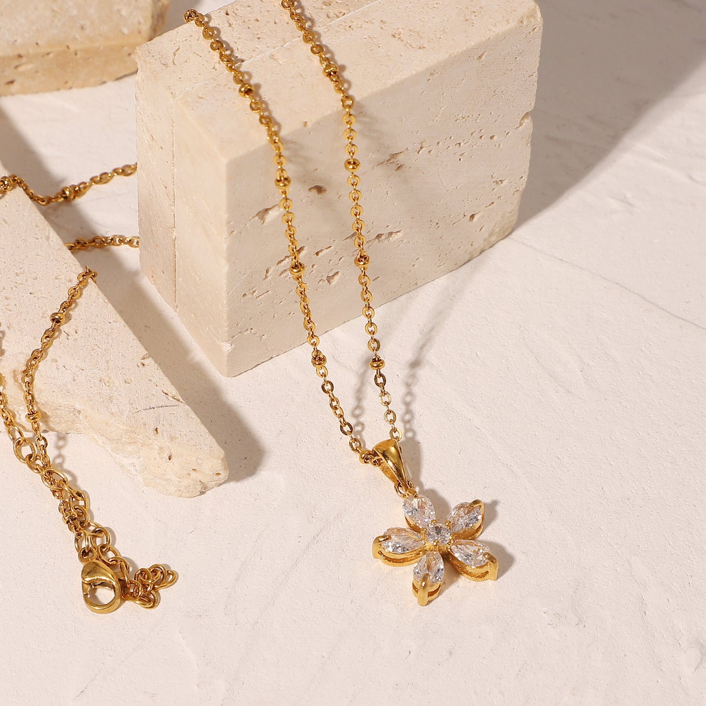 18K Gold Plated Stainless Steel Flower Necklace with 16mm White Cubic Zirconia Pendant on Ball Chain for Women