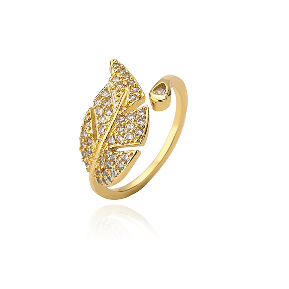 Fashion Minimalist Geometric Butterfly Leaf Floral Open Ring for Women in Brass with Real Gold Plating and Zircon Inlay