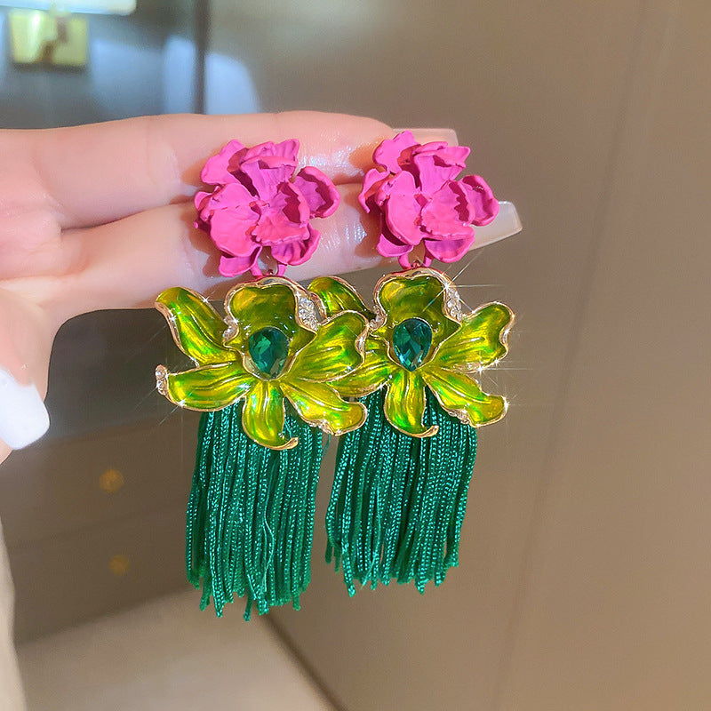 Vintage Green Rhinestone Butterfly Pearl Earrings with Stainless Steel Posts for Women