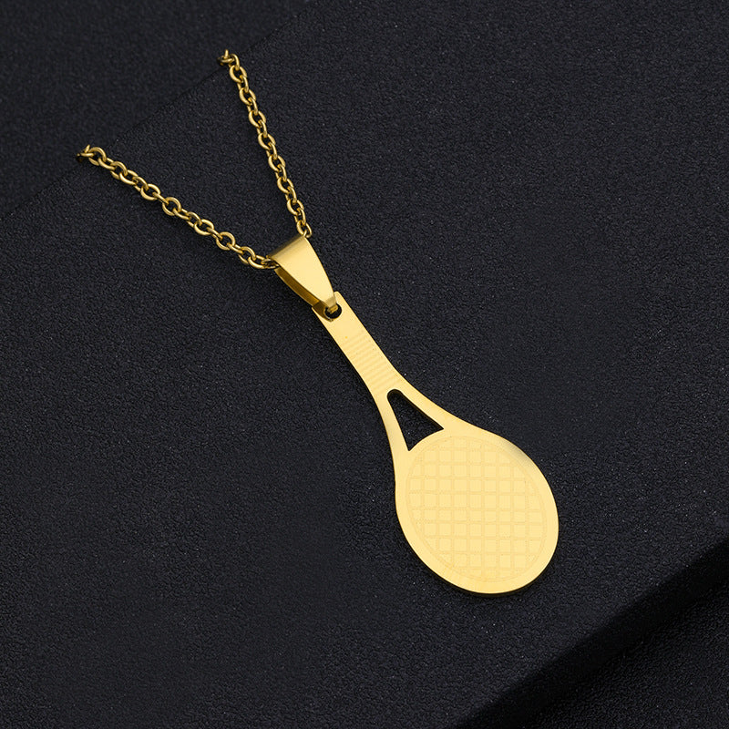 Elegante collar unisex con colgante geométrico de baloncesto, raqueta de tenis y diente en acero inoxidable con detalles de acero de titanio y acabado galvanizado