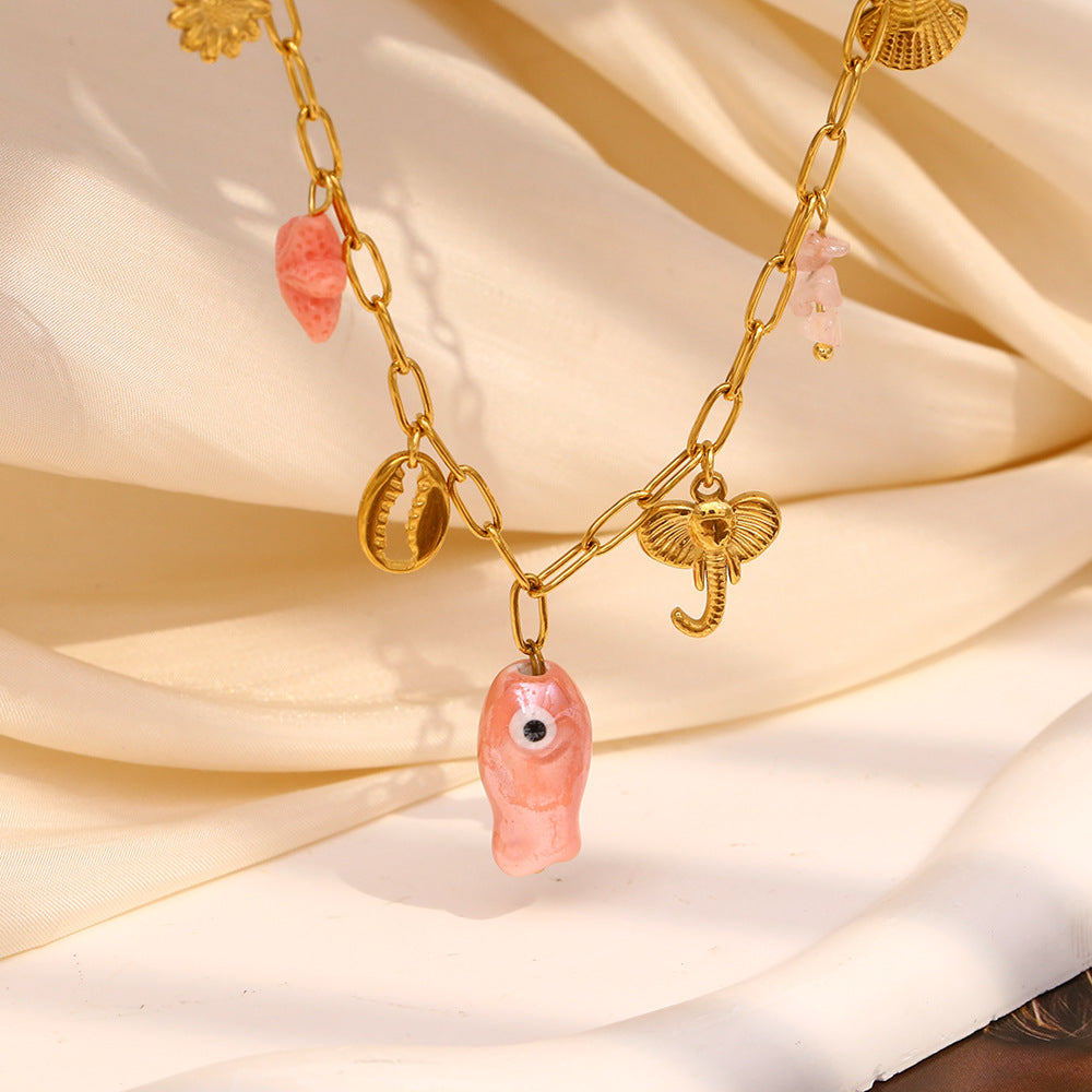 Fashion OL Pink Seashell Fish Pendant Necklace in Stainless Steel with 18K Gold Plating for Women