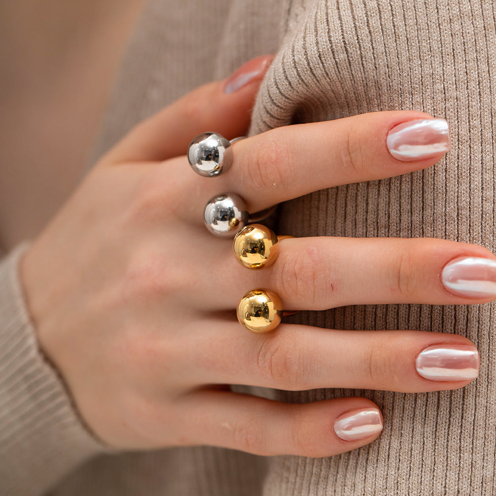 Ins Style Geometric Stainless Steel Plated Double Ball Open Ring for Women